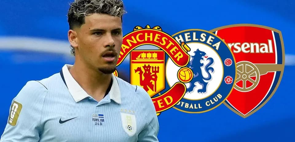 Jugador de fútbol con logos de equipos de Manchester, Chelsea y Arsenal