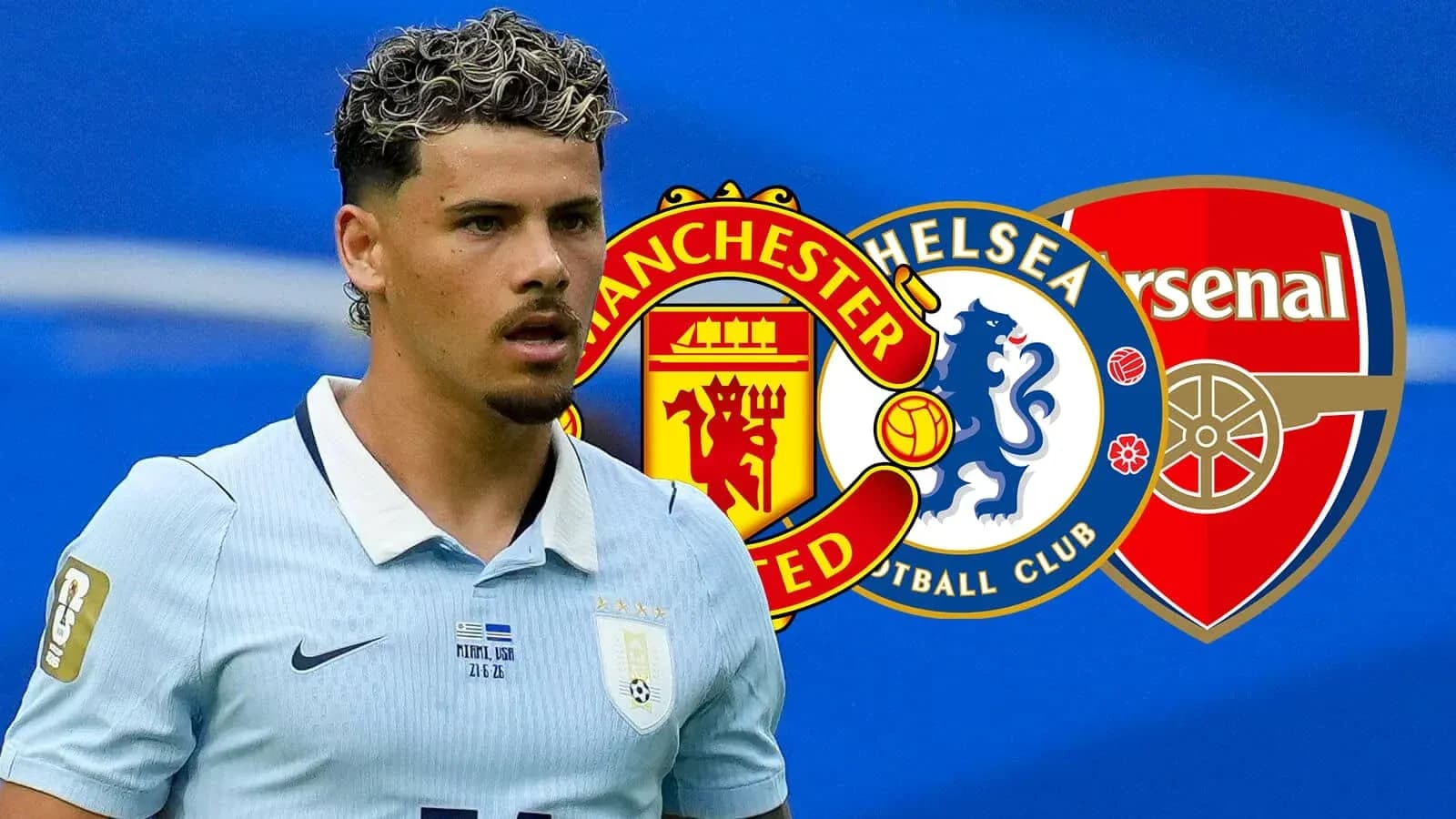 Jugador de fútbol con logos de equipos de Manchester, Chelsea y Arsenal