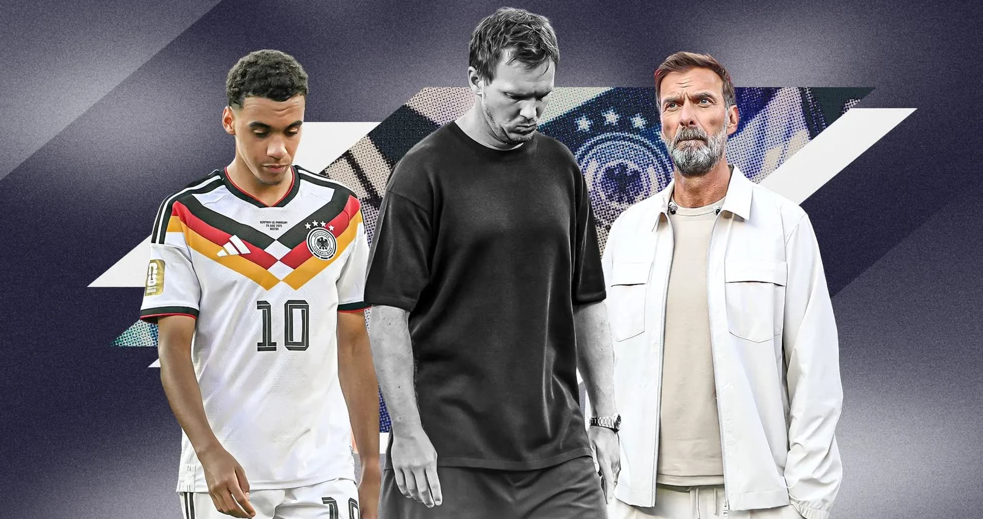 Jugadores y entrenador en fondo gráfico de fútbol