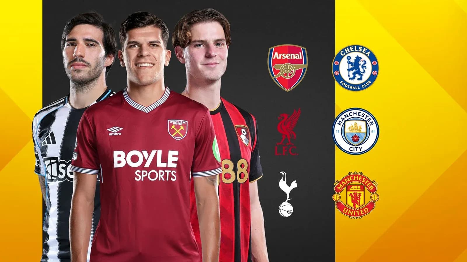 Jugadores de fútbol con camisetas de equipos ingleses