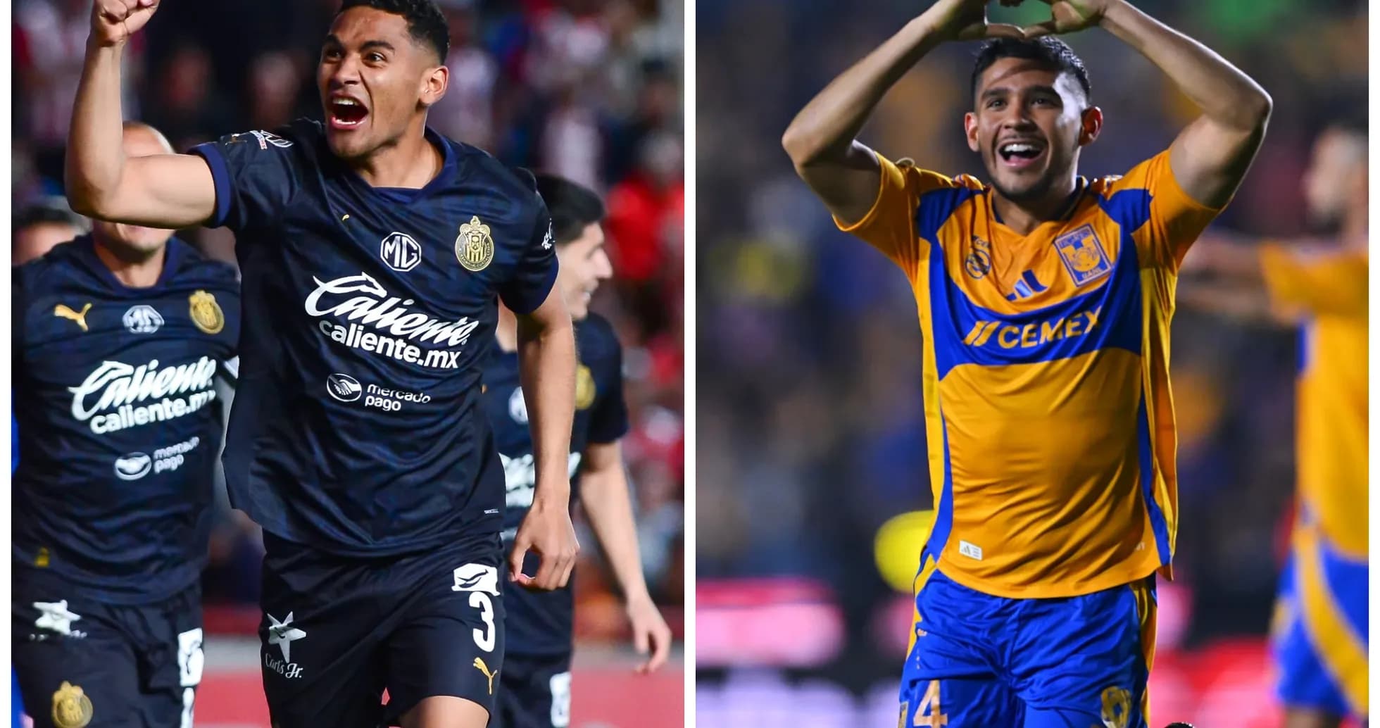 Jugadores celebrando goles en el partido Chivas vs Tigres