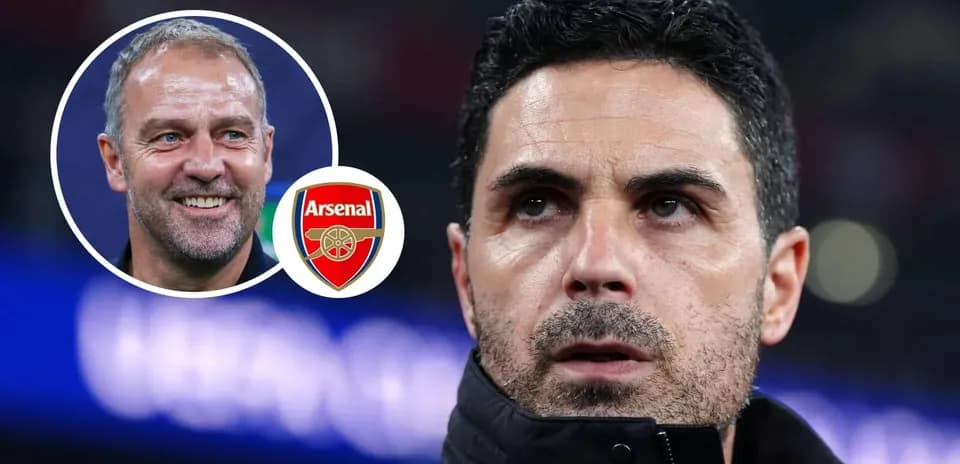 Mikel Arteta y logo de Arsenal en fondo difuso