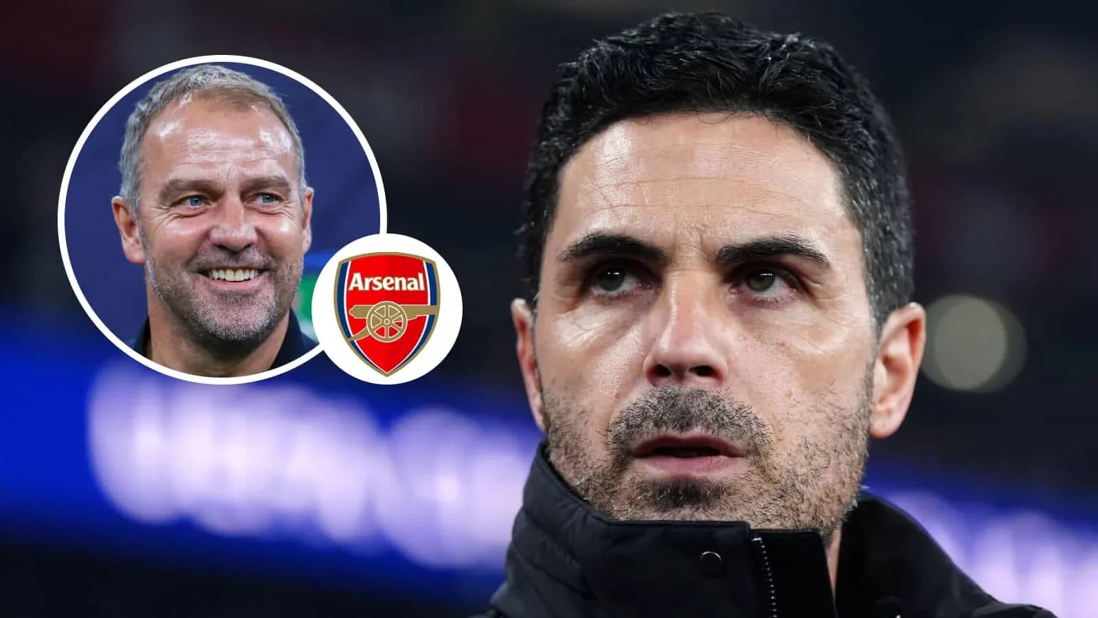 Mikel Arteta y logo de Arsenal en fondo difuso