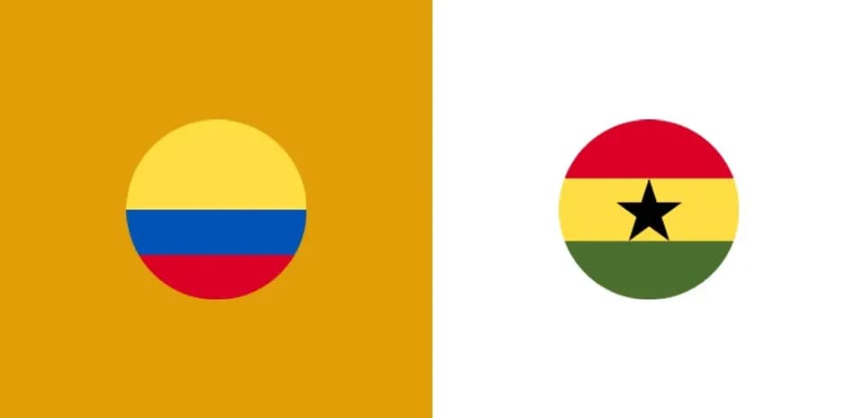 Banderas de Colombia y Ghana en fondo amarillo y blanco