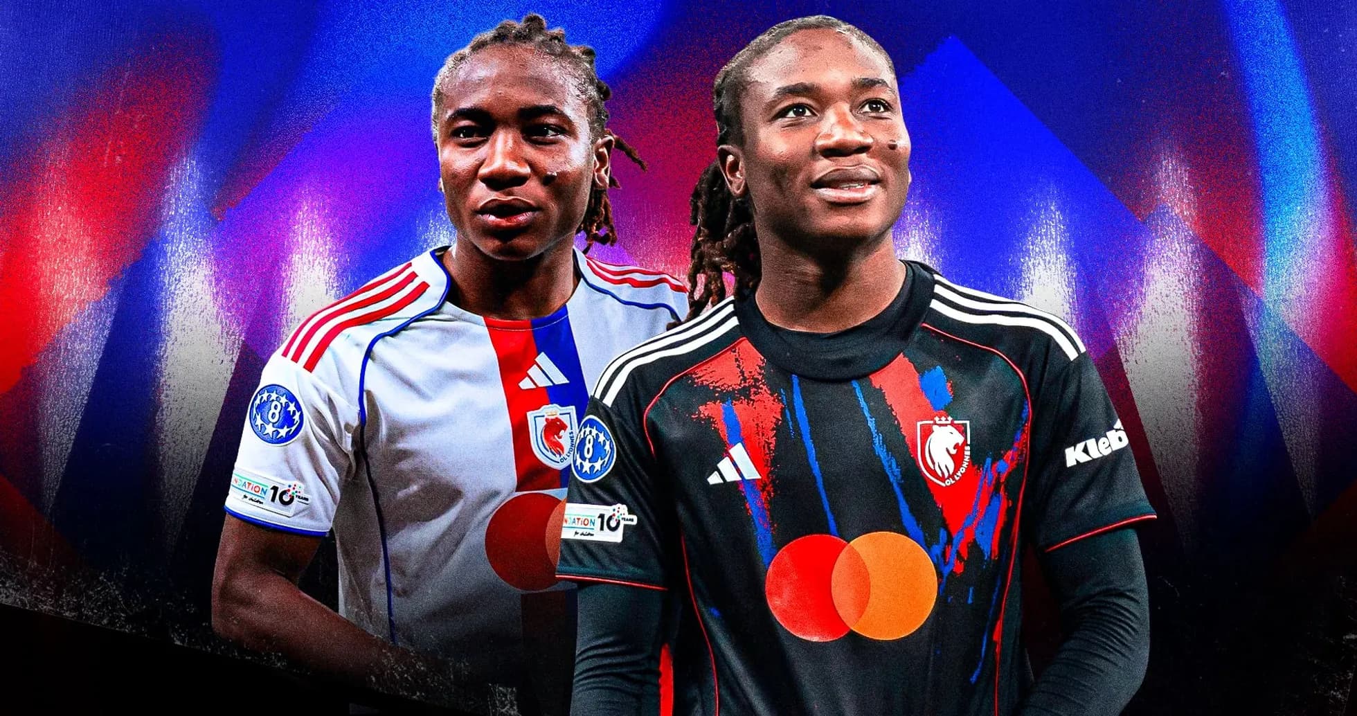 Dos jugadores en uniformes de fútbol con fondo colorido