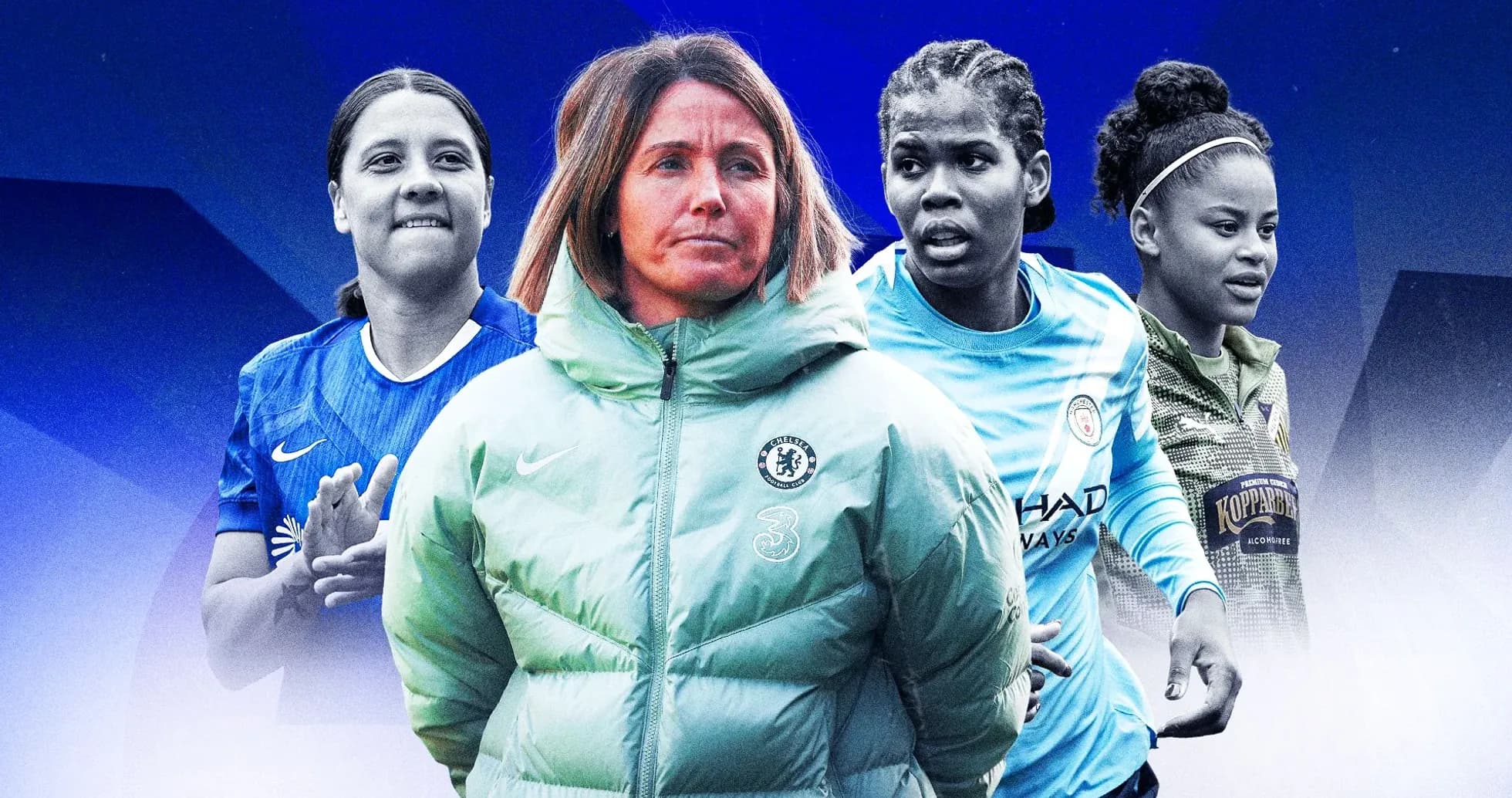 Jugadoras y entrenadora de fútbol en fondo azul
