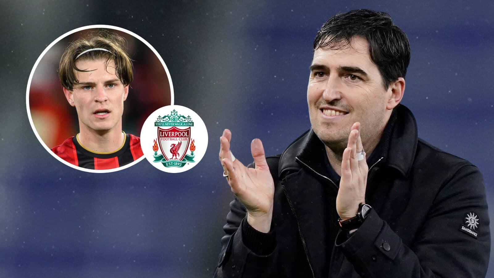 Entrenador aplaudiendo con jugadores de Liverpool en fondo
