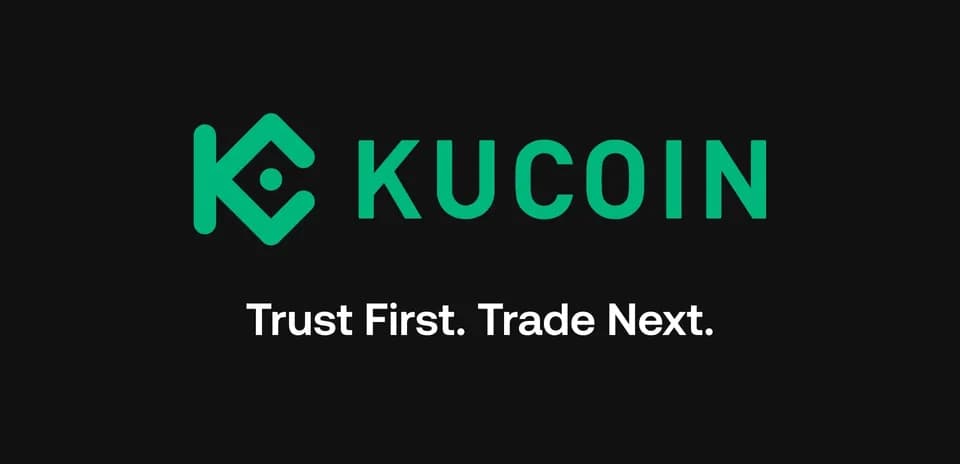 Logotipo de KuCoin con lema de confianza y comercio