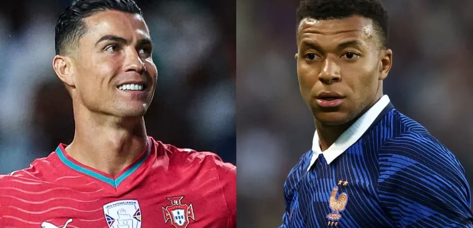 Cristiano Ronaldo y Kylian Mbappé en campo de fútbol