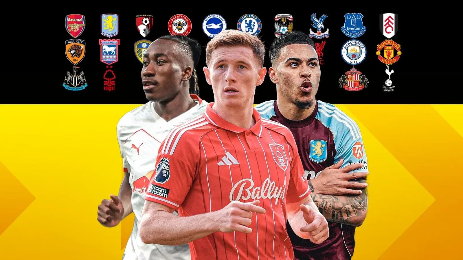 Tres jugadores de fútbol con logos de equipos de fondo Tres jugadores de fútbol con logos de equipos de fondo