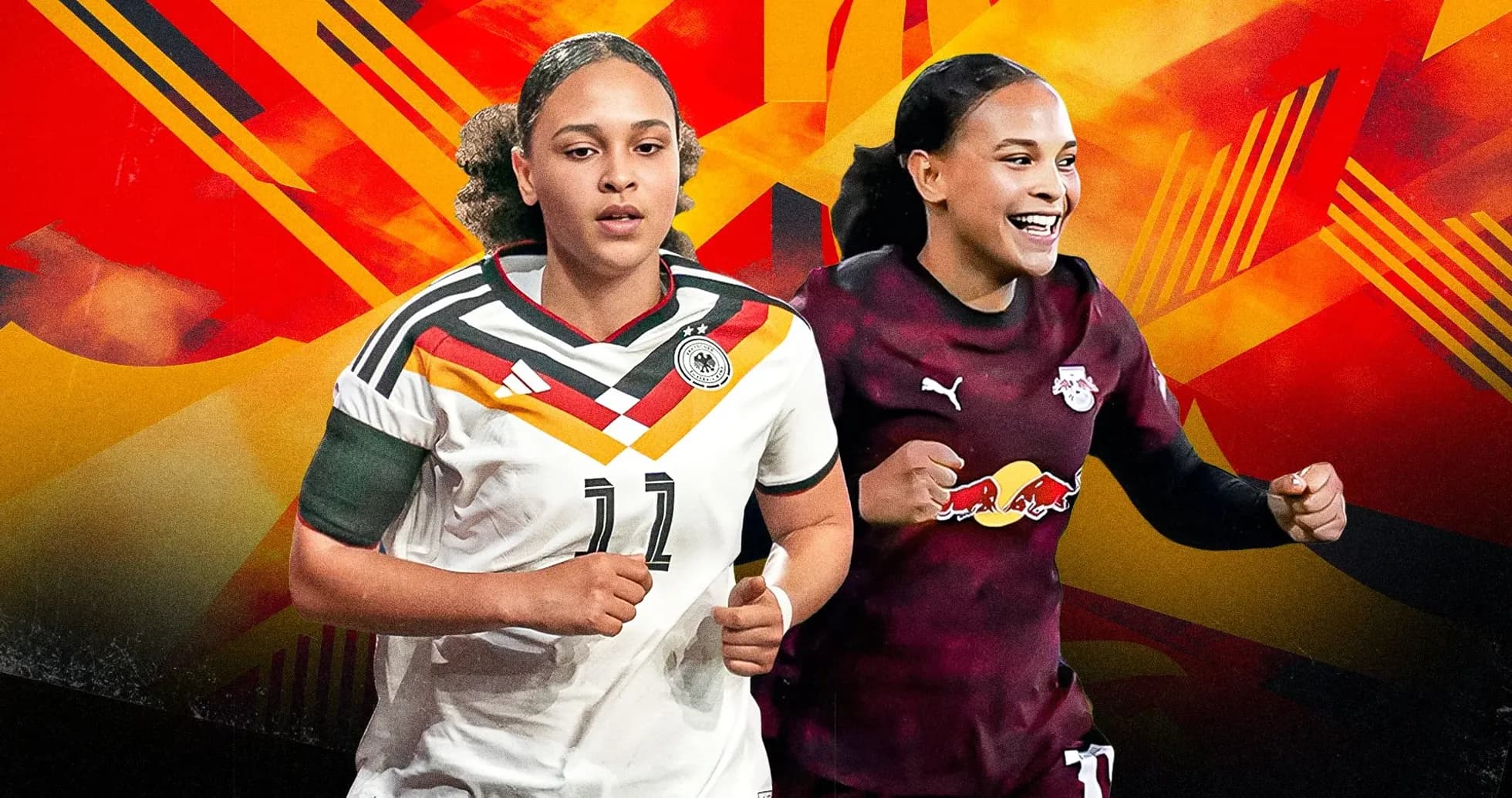 Jugadoras de fútbol en uniformes de Alemania y RB Leipzig