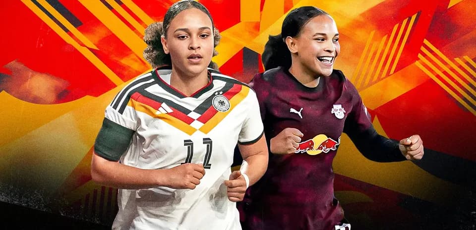 Jugadoras de fútbol en uniformes de Alemania y RB Leipzig
