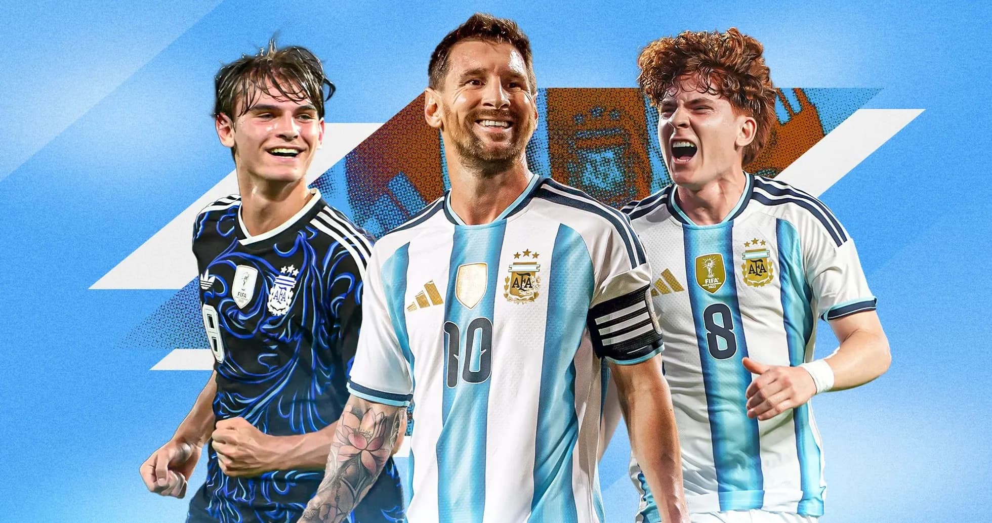 Jugadores de Argentina en fondo azul con escudo