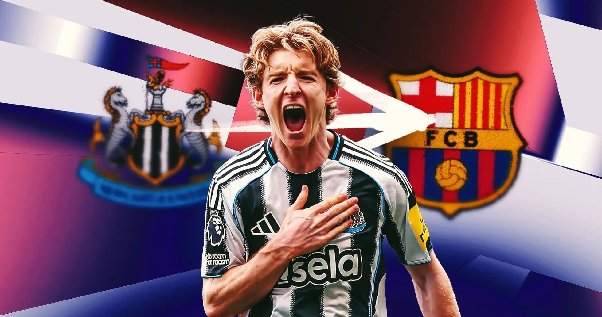 Jugador de Newcastle celebrando con fondo de logos