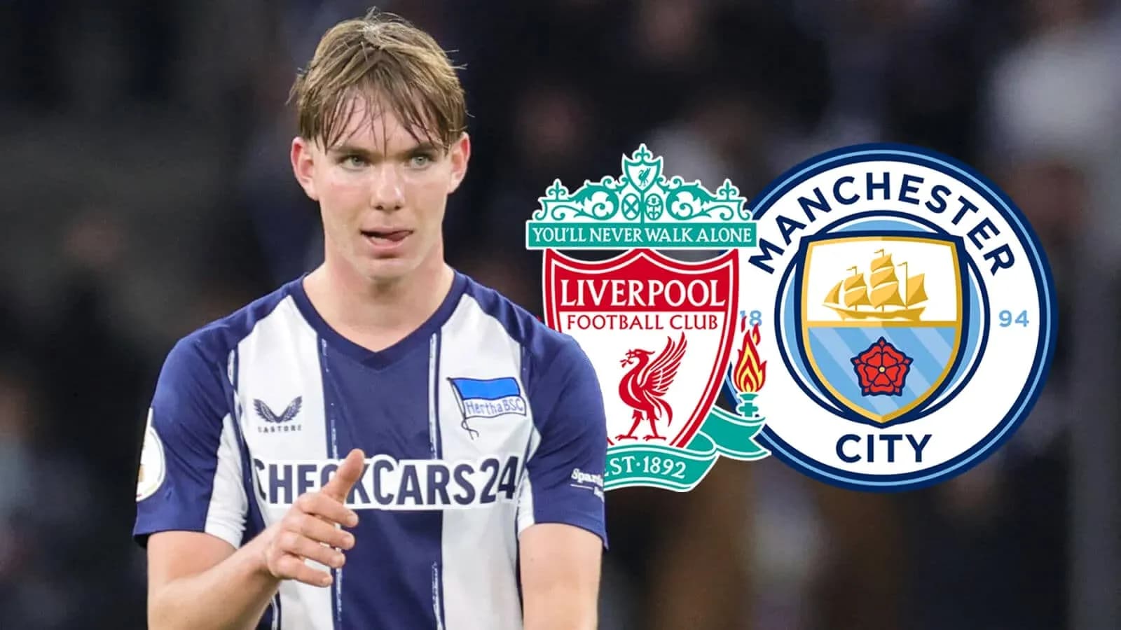 Jugador señalando mientras logos de Liverpool y Manchester City