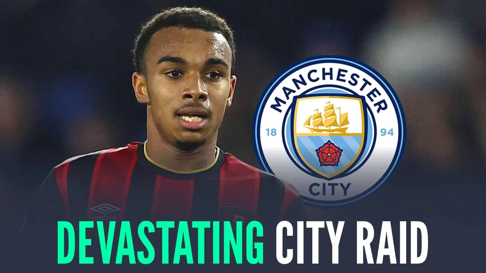 Jugador con camiseta negra y roja junto a logo de Manchester City